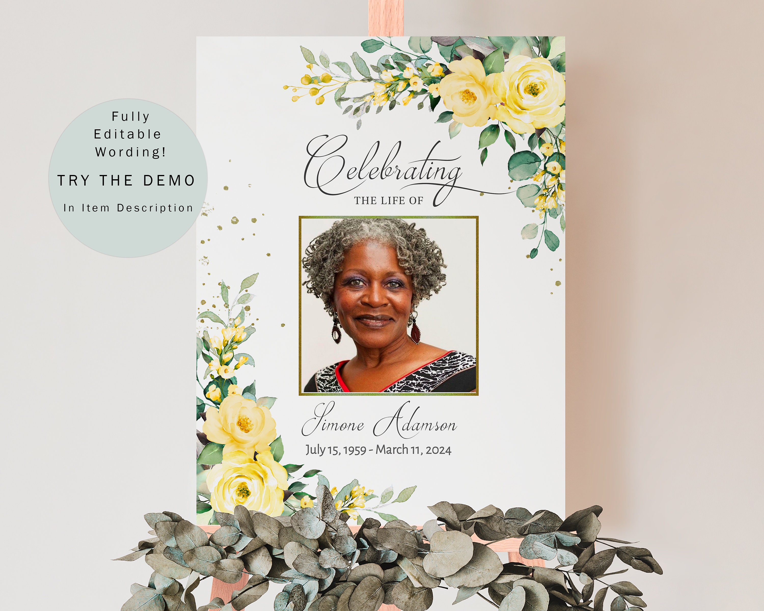 Yellow Roses Funeral Vector Yellow Roses Funeral Sign: Celebration of Life Welcome (editable ...