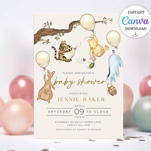 May include: A baby shower invitation featuring illustrations of Winnie the Pooh characters, balloons, and a tree branch. The invitation includes the text "Please join us for a baby shower" and details for Jennie Baker's baby shower.