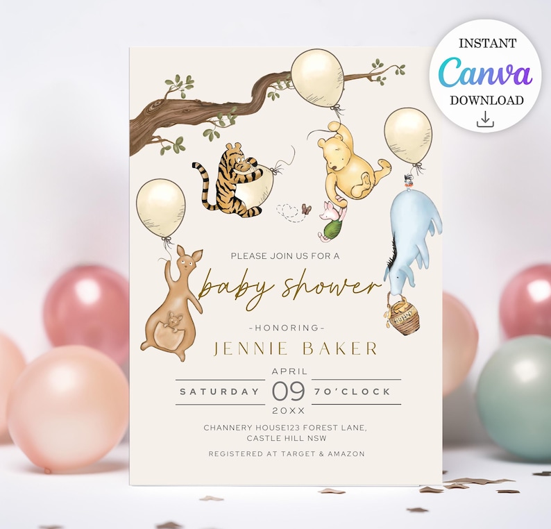 May include: A baby shower invitation featuring illustrations of Winnie the Pooh characters, balloons, and a tree branch. The invitation includes the text "Please join us for a baby shower" and details for Jennie Baker's baby shower.