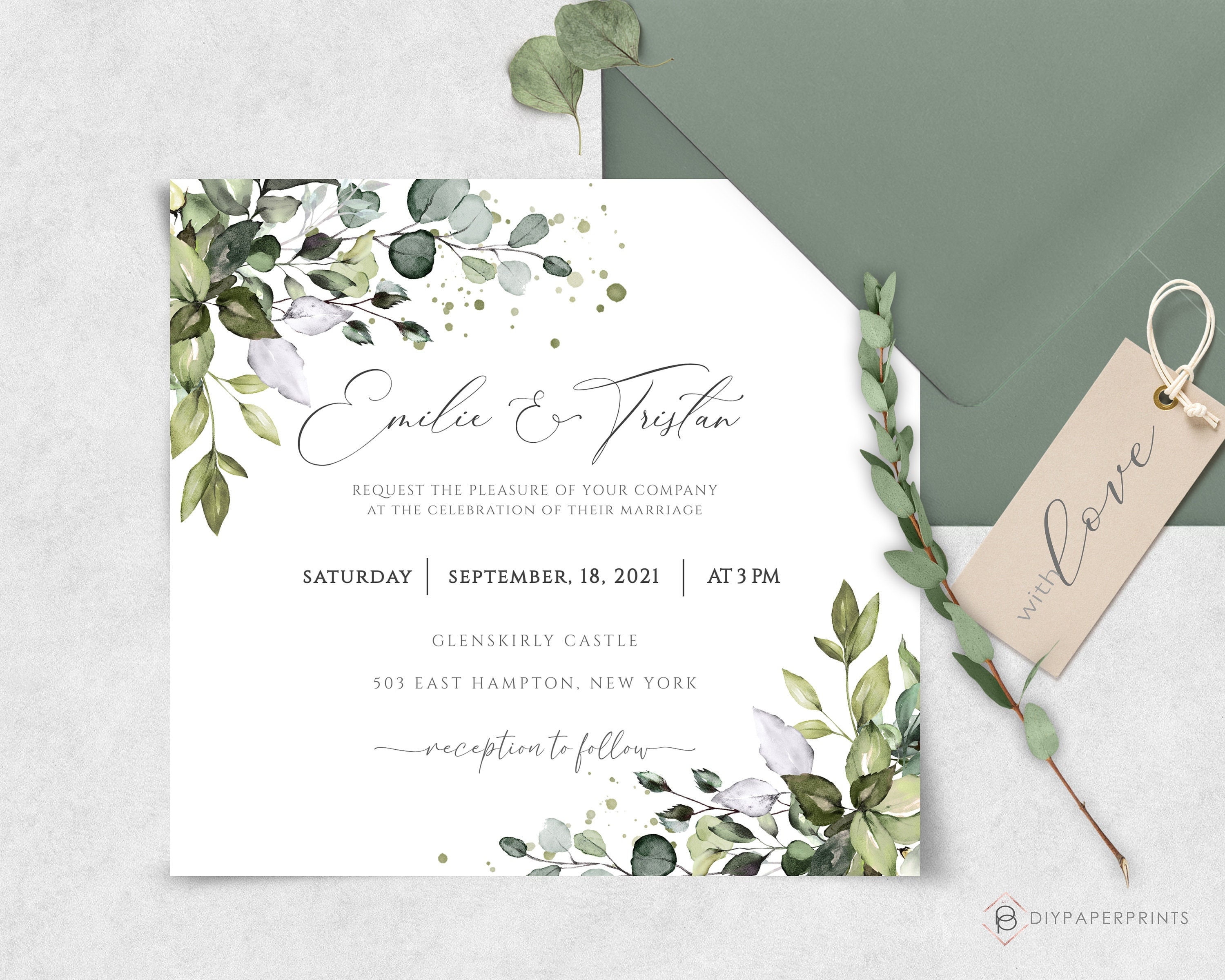 Greenery Wedding Invitation Template Square Wedding | Etsy UK
