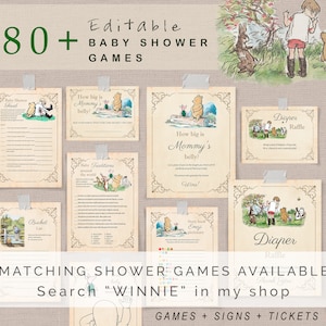 May include: A collection of printable baby shower games with Winnie the Pooh illustrations. The games include "Baby Shower Feud," "How Big is Mommy's Belly?," and "Diaper Raffle." The text "80+ Editable Baby Shower Games" is displayed at the top.
