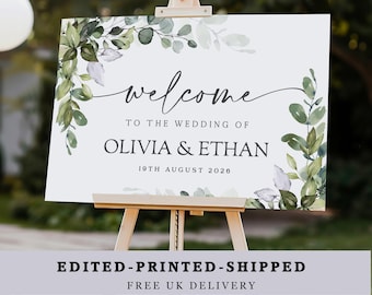 Letrero de bienvenida para bodas con diseño botánico de eucalipto, impreso o digital. Póster personalizado en lienzo, cartón pluma o archivo PDF. Tamaños A1, A2 y A3.