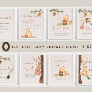 Classic Winnie the Pooh Baby Shower Signs, Vintage Pooh Bear Decorations. Balloon Decor Template Bundle, Photo Guestbook, Diaper Raffle WP1N