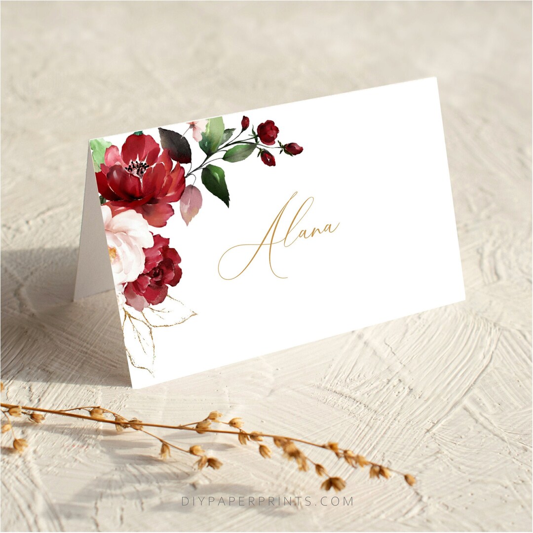 Red Floral Wedding Place Cards Template (printable) - Etsy