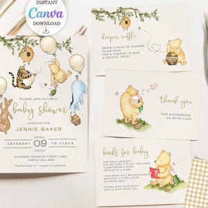 May include: Baby shower invitation and inserts featuring Winnie the Pooh characters. The invitation includes the text "baby shower" and details for the event. Inserts include a diaper raffle, thank you, and books for baby.