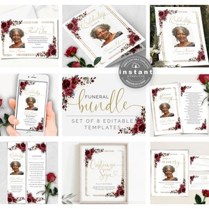 Funeral Bundle Set, Red Burgundy Celebration of Life, Funeral Memorial Pack, In Loving Memory Suite, Printable Editable Templates F-BIRNIE