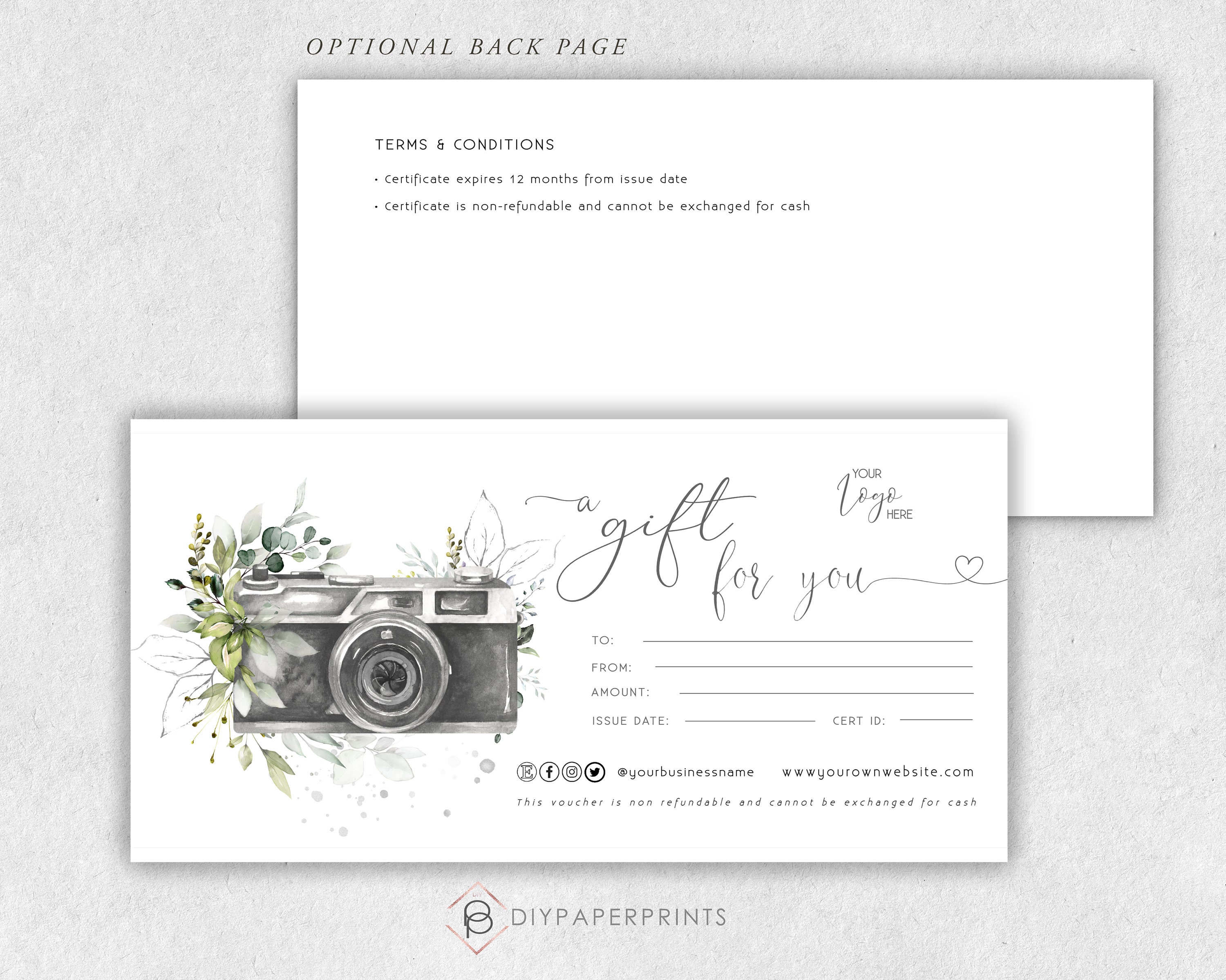 Photography Gift Certificate Template, Editable Gift Card, Gift Voucher