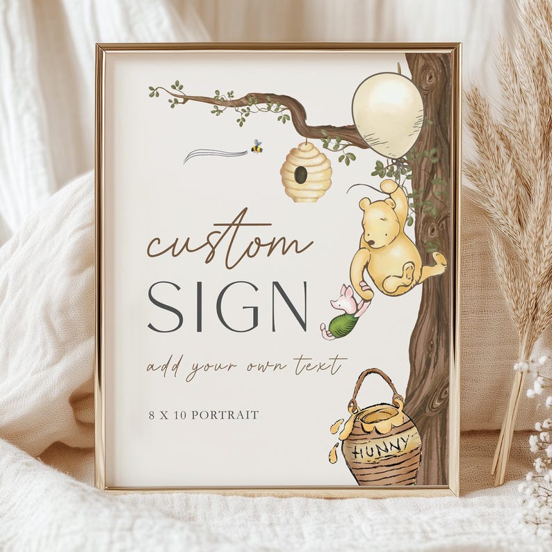 Winnie the Pooh Baby Shower Sign: Classic Vintage Design (Canva Editable, Digital Download) WD1 image 1