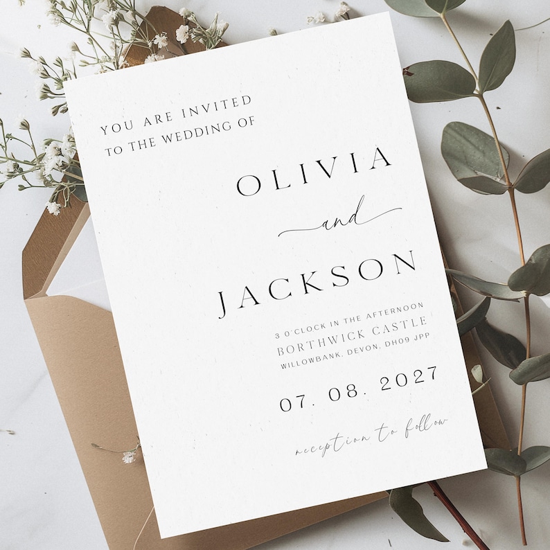 Minimalist Wedding Invitation: PRINTED Modern Wedding Invite Inc.Free White Envelopes Printed Minimalist-1 afbeelding 1