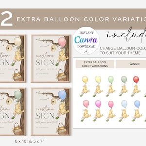May include: A set of four framed custom signs featuring a Winnie the Pooh theme. Each sign has a beige background with a tree branch, a honey pot, and a balloon. The image also includes 12 extra balloon color variations.