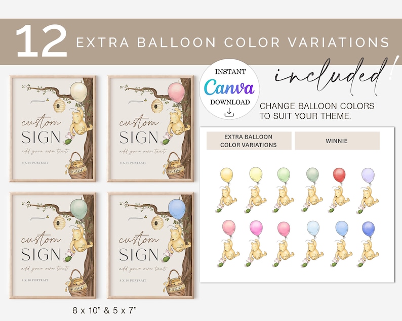 May include: A set of four framed custom signs featuring a Winnie the Pooh theme. Each sign has a beige background with a tree branch, a honey pot, and a balloon. The image also includes 12 extra balloon color variations.