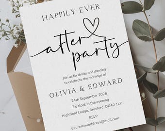 Invitación impresa para boda "Felices para siempre": recepción nocturna, tarjeta de seda tamaño A5. Incluye sobres blancos de regalo.