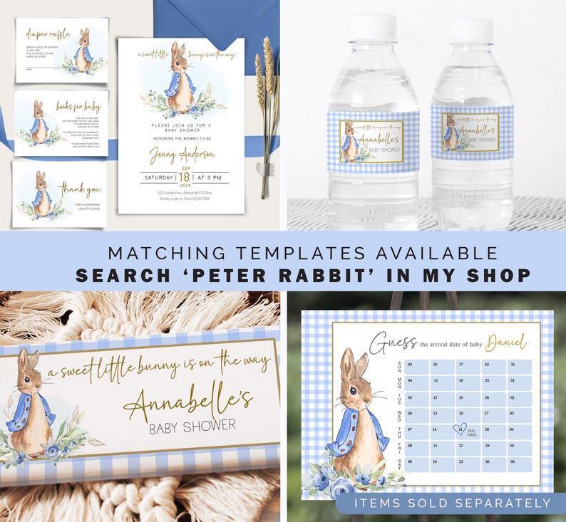 Puede incluir: Un conjunto de papeler&iacute;a para baby shower con el tema de Peter Rabbit. Incluye invitaciones, tarjetas de agradecimiento, tarjetas de rifa y etiquetas para botellas de agua. La invitaci&oacute;n presenta el texto "Jenny Anderson" y "S&aacute;bado 18 a las 3 PM".