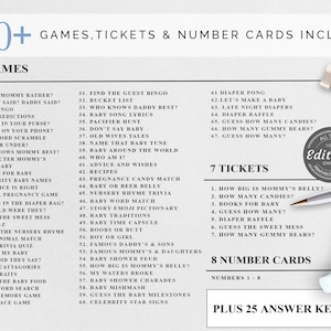 Puede incluir: Un juego imprimible para baby shower con m&aacute;s de 80 juegos, boletos y tarjetas num&eacute;ricas. El dise&ntilde;o incluye una lista de 67 juegos, 7 boletos, 8 tarjetas num&eacute;ricas y 25 claves de respuestas. El texto est&aacute; en una fuente clara.
