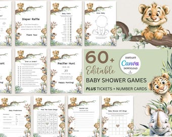 Safari Jungle Baby Shower Games: Wild One Theme (Printable Digital Activity Games, Canva Template)