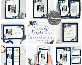 Funeral Bundle Set, Greenery Celebration of Life, Funeral Memorial Pack, In Loving Memory Suite, Printable Editable Templates F-NADINE