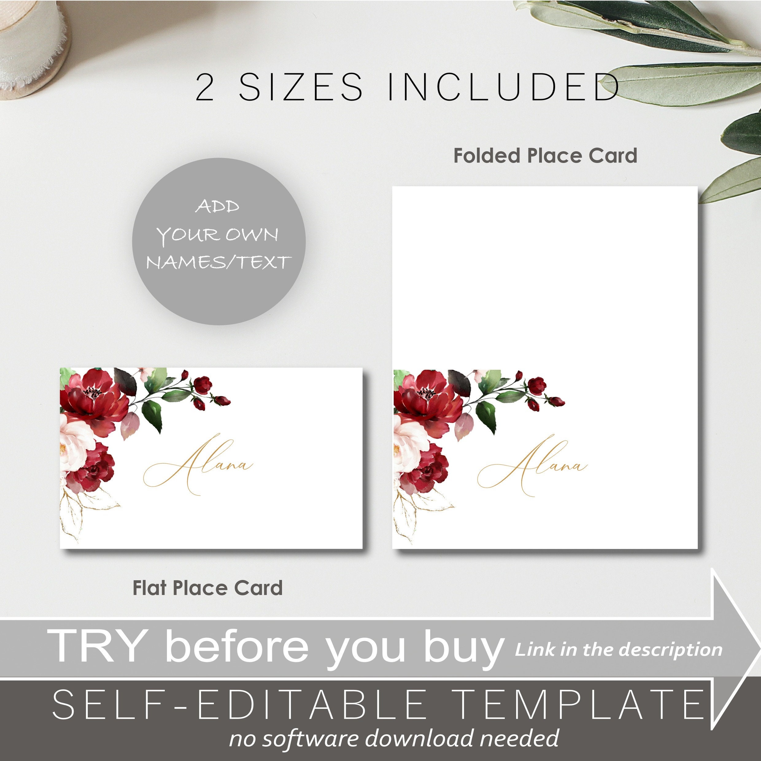 Red Floral Wedding Place Cards Template (printable) - Etsy