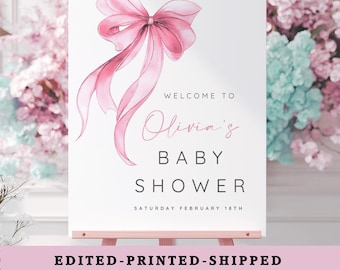 Letrero de bienvenida con lazo rosa, letrero para baby shower con lazo rosa, letrero de bienvenida para baby shower IMPRESO o digital: póster personalizado, lienzo, cartón pluma o archivo PDF.