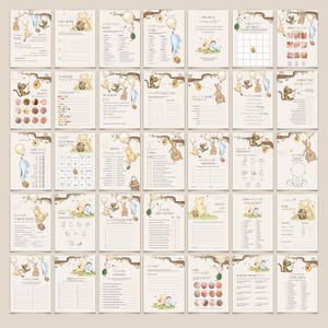 Peut inclure: Ensemble de cartes de jeux pour une baby shower, avec des illustrations &agrave; l'aquarelle d'animaux, de ballons et de motifs floraux. Les cartes proposent divers jeux et des espaces pour les participants. La palette de couleurs comprend des bruns doux, des cr&egrave;mes et des teintes pastel.
