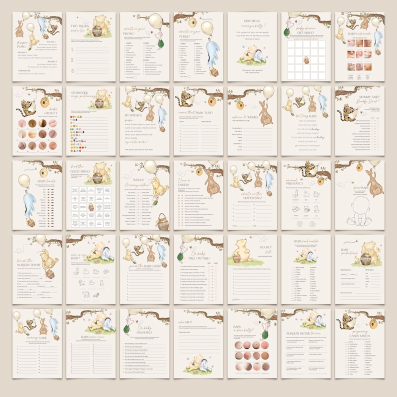Peut inclure: Ensemble de cartes de jeux pour une baby shower, avec des illustrations &agrave; l'aquarelle d'animaux, de ballons et de motifs floraux. Les cartes proposent divers jeux et des espaces pour les participants. La palette de couleurs comprend des bruns doux, des cr&egrave;mes et des teintes pastel.