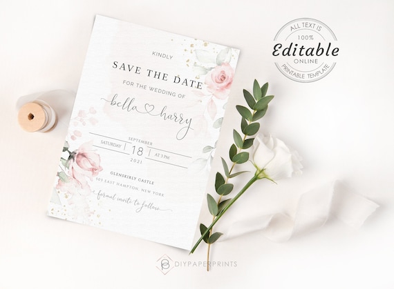 Blush Pink Wedding Save the Date Template, Save the Date Card, Printable Instant Download template, 100% Editable Text, Blush pink  IZZY1
