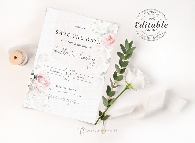 May include: A save the date wedding invitation with a watercolor floral design in shades of pink and green. The text reads "Kindly Save the Date for the wedding of bella harry September 18, 2021 at 1 pm Glenskirly Castle 503 East Hampton, New York formal invite to follow".