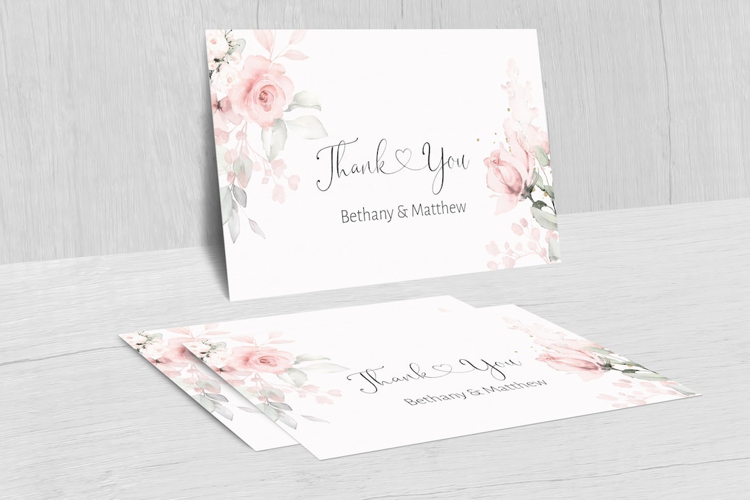 Thank You Card Template, Pink Floral Wedding Thank You Notes, Bridal ...