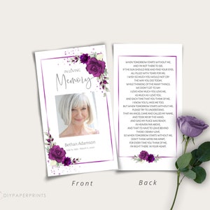 May include: Purple floral memorial card with a photo of a woman and a poem about remembering someone who has passed away. The text on the front reads "In Loving Memory" and the text on the back reads "When tomorrow starts without me..."