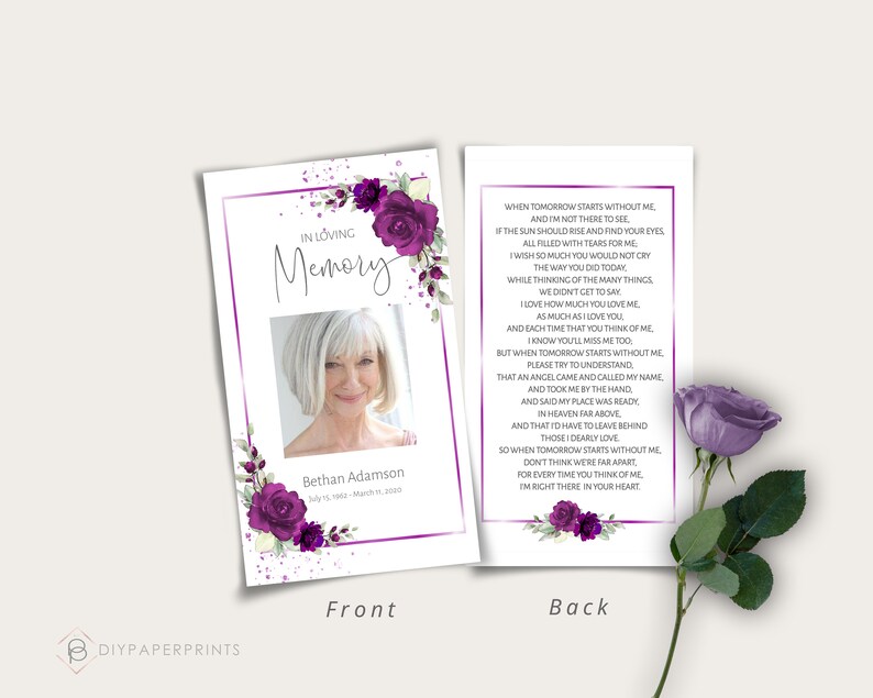May include: Purple floral memorial card with a photo of a woman and a poem about remembering someone who has passed away. The text on the front reads "In Loving Memory" and the text on the back reads "When tomorrow starts without me..."