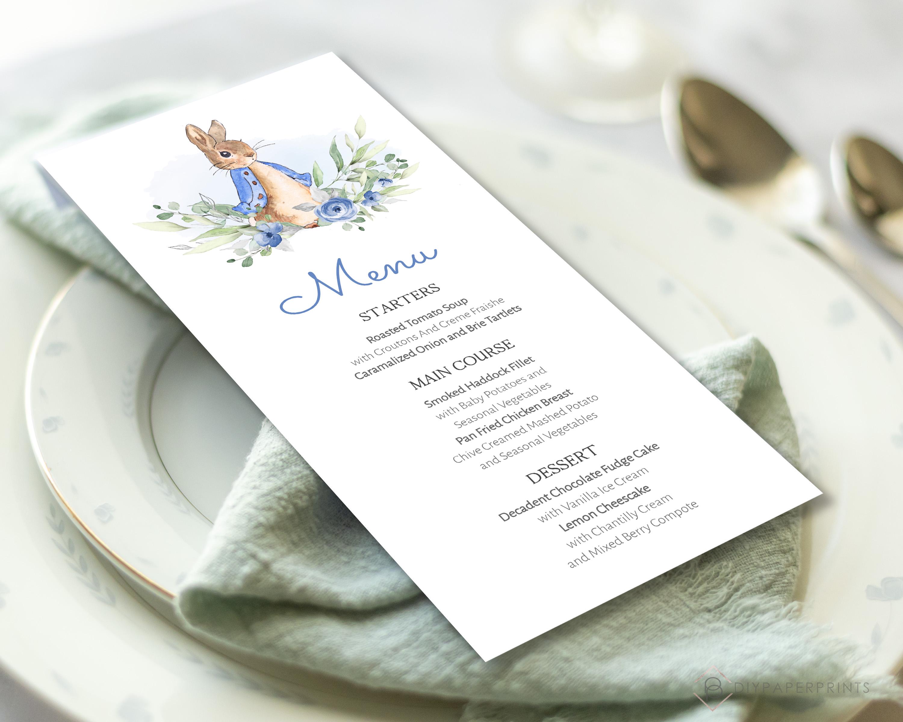 Peter Rabbit Menu Template, Menu Card Template, Baby Shower Menu ...