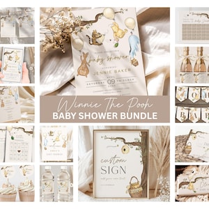 May include: A collection of Winnie the Pooh themed baby shower decorations and stationery. Includes invitations, banners, cupcake toppers, water bottle labels, and a custom sign. The color palette is soft beige and brown.