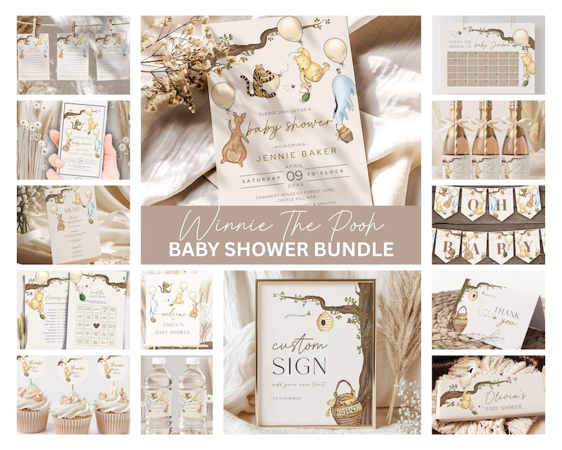 May include: A collection of Winnie the Pooh themed baby shower decorations and stationery. Includes invitations, banners, cupcake toppers, water bottle labels, and a custom sign. The color palette is soft beige and brown.