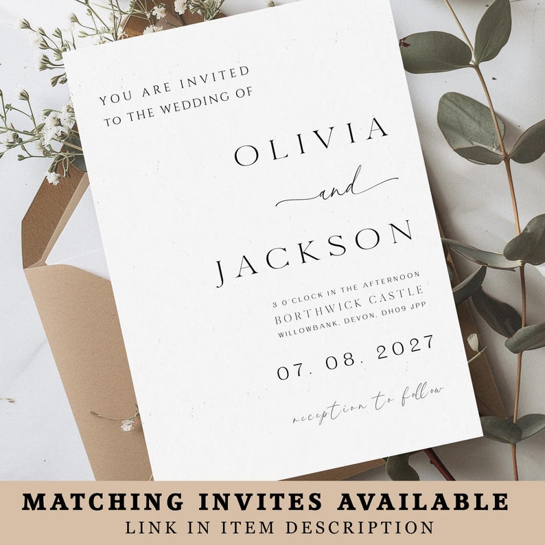 Op de afbeelding: Een minimalistische trouwkaart met de namen Olivia en Jackson in zwarte letters. De uitnodiging bevat de datum, tijd en locatie: Borthwick Castle, Willowbank, Devon, DH09 JPP. De tekst "You are invited to the wedding of" staat bovenaan.