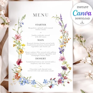 Wildflower Menu Template Boho Floral Garden Party Bridal Shower Menu Modern Menu Template Boho Flowers Event Menu Summer Wedding CANVA FW1