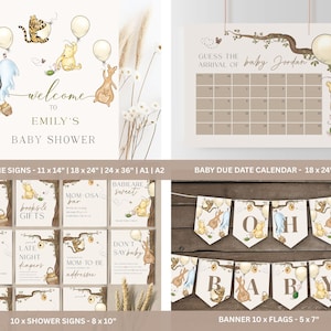 May include: A collection of baby shower decorations featuring watercolor illustrations of animals holding balloons. Includes a welcome sign, a baby due date calendar, shower signs, and a banner. The signs are 8 x 10 inches.