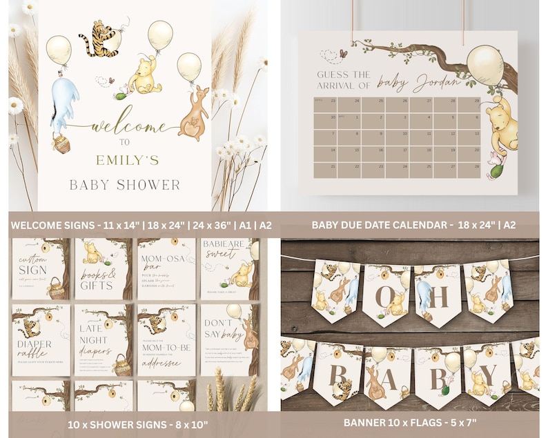 May include: A collection of baby shower decorations featuring watercolor illustrations of animals holding balloons. Includes a welcome sign, a baby due date calendar, shower signs, and a banner. The signs are 8 x 10 inches.