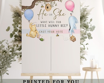 Letrero de revelación de género de Winnie the Pooh, predicción de niño o niña, póster de bienvenida impreso o digital para baby shower de Little Hunny, cartón pluma.