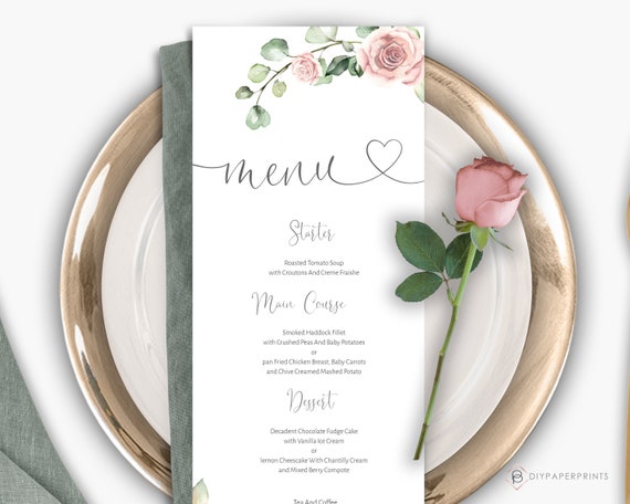Wedding Menu Card Template, Blush Pink Wedding Menu, Bridal Shower Brunch Dinner, Printable Editable Download, Romantic Wedding, CARMEN