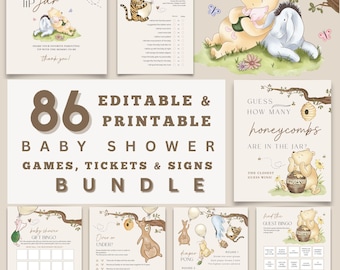 May include: A bundle of 86 editable and printable baby shower games, tickets, and signs. The design features illustrations of Winnie the Pooh characters, honeycombs, and other baby-themed graphics. Includes games like "Guess How Many Honeycombs" and "Find the Guest Bingo".
