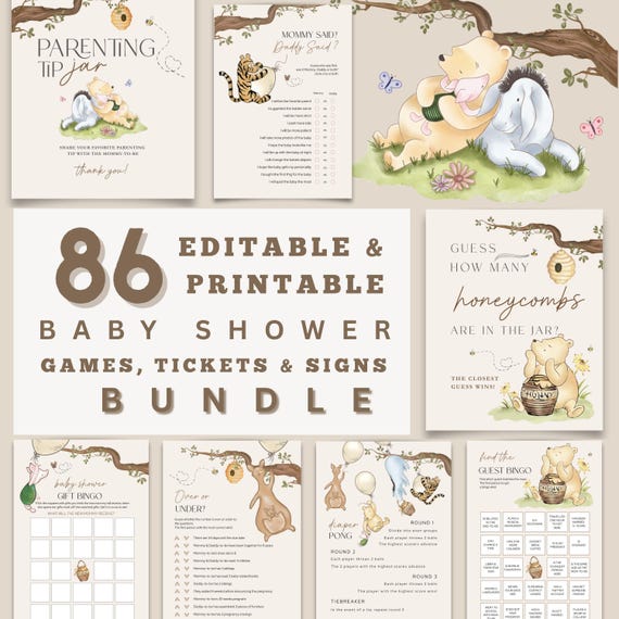 Winnie the Pooh Baby Shower Games Bundle: Watercolor Theme (Digital Download Canva Template)