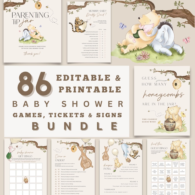 Peut inclure: Un ensemble de 86 jeux, billets et panneaux de baby shower modifiables et imprimables. Le design pr&eacute;sente des illustrations de personnages de Winnie l'ourson, des nids d'abeilles et d'autres graphiques sur le th&egrave;me des b&eacute;b&eacute;s. Comprend des jeux comme "Devinez combien de nids d'abeilles".