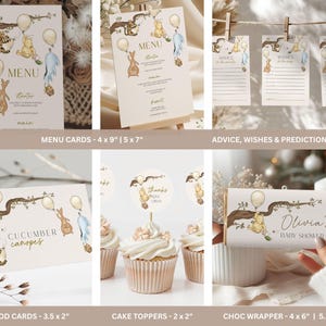 May include: A collection of baby shower stationery featuring watercolor illustrations of animals and balloons. Includes menu cards, advice cards, food cards, cake toppers, and a chocolate wrapper. The text includes "MENU", "CUCUMBER canopes", and "Olivia's BABY SHOWER".