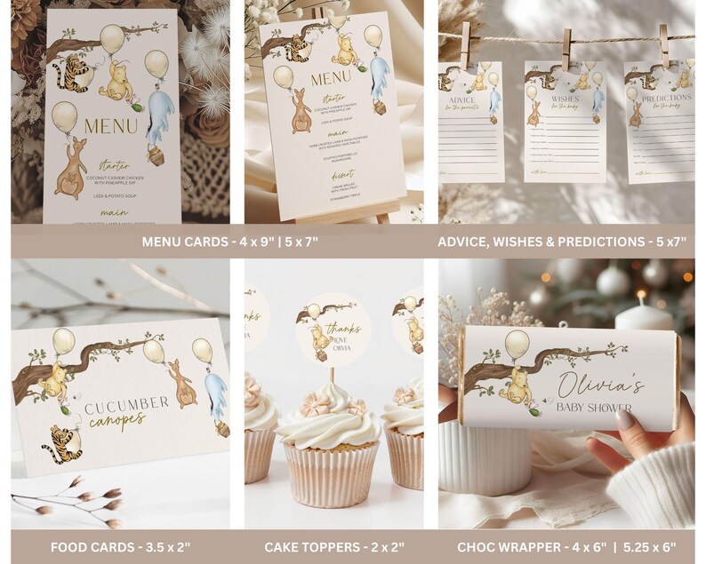 May include: A collection of baby shower stationery featuring watercolor illustrations of animals and balloons. Includes menu cards, advice cards, food cards, cake toppers, and a chocolate wrapper. The text includes "MENU", "CUCUMBER canopes", and "Olivia's BABY SHOWER".