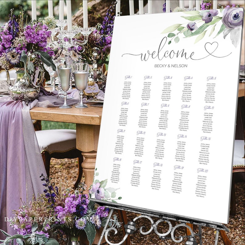 Purple Wedding Table Plan, Purple Wedding Seating Chart Template, Editable, Printable Seating Sign, INSTANT DOWNLOAD, SUZY image 1