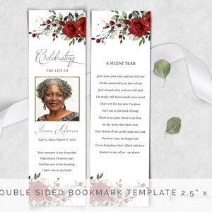 Editable Funeral Bookmark Template, Printable Funeral Bookmark, Red Floral Memorial Bookmark, Bookmark Memorial Keepsake, F-BIRNIE image 2