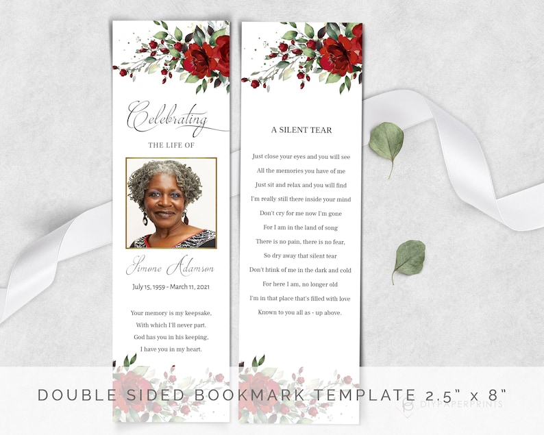 Editable Funeral Bookmark Template, Printable Funeral Bookmark, Red Floral Memorial Bookmark, Bookmark Memorial Keepsake, F-BIRNIE image 2