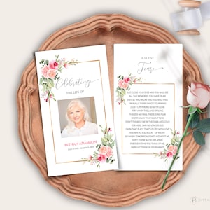 May include: A funeral program template with a floral design and a photo of a woman. The text reads "Celebrating the Life of Bethan Adamson" and includes a poem titled "A Silent Tear".