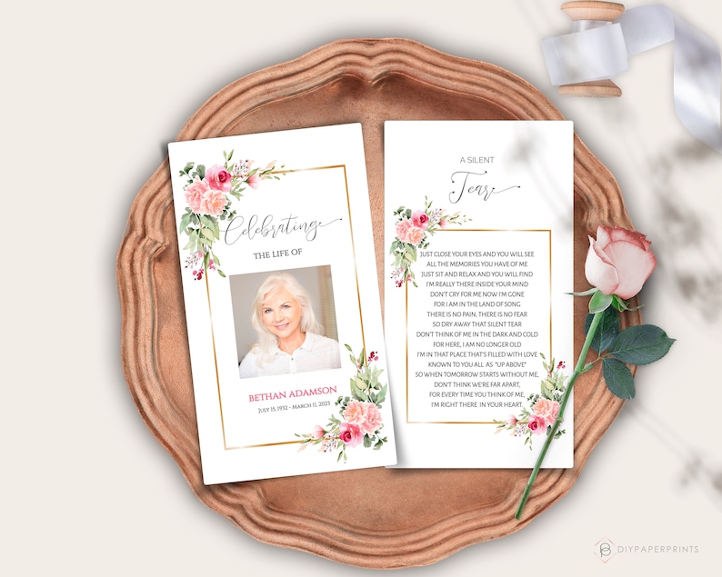 May include: A funeral program template with a floral design and a photo of a woman. The text reads "Celebrating the Life of Bethan Adamson" and includes a poem titled "A Silent Tear".