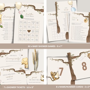 May include: A collection of baby shower games and cards with a Winnie the Pooh theme. The set includes bingo, baby traits, and number cards, all featuring illustrations of the characters and related imagery. The cards are beige with brown tree branch accents.