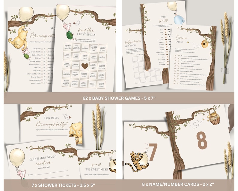 May include: A collection of baby shower games and cards with a Winnie the Pooh theme. The set includes bingo, baby traits, and number cards, all featuring illustrations of the characters and related imagery. The cards are beige with brown tree branch accents.